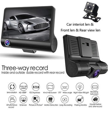 Câmera de carro com tela IPS de 4 polegadas, filmadora FHD 1080p DVR com 3 câmeras de segurança